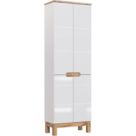 Colonna bagno ERMANO - Rovere chiaro e bianco lucido - 60x187 cm - 4 porte - Da appoggio