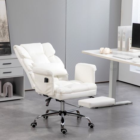 Chaise de Bureau avec 6 Points de Massage Repose-pieds Rétractable Hauteur Réglable Télécommande et Support Lombaire Blanc (1/5)