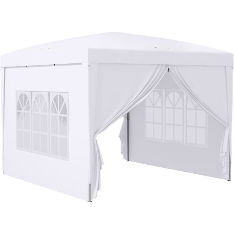Tettoia di 3×3 metri con pareti laterali e finestre, protezione UV, inclusa borsa di trasporto, materiali: acciaio e tessuto Oxford, colore bianco. Installazione sul luogo.