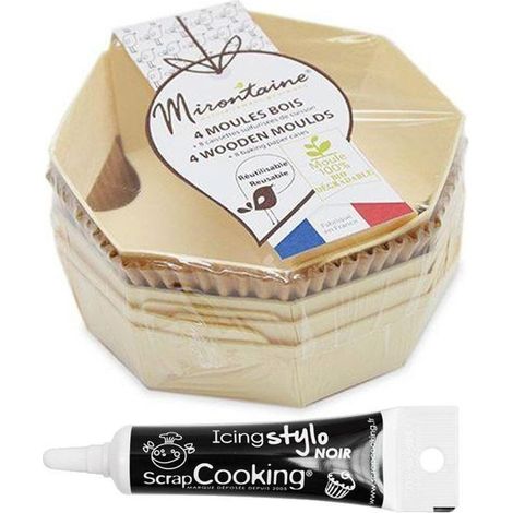 4 moules en bois ronds + 8 caissettes de cuisson + Stylo de glaçage noir