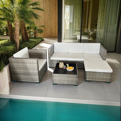 M&S – Salon de jardin résine tressée 5 places – Structure aluminium – Coussins déhoussables et déperlants – Table basse en verre trempé
