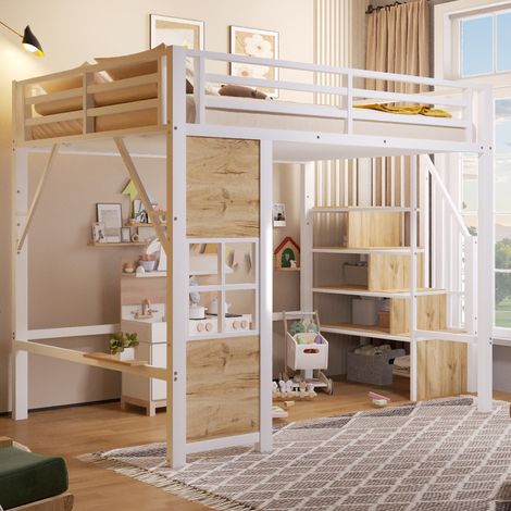 Litera 140/200 cm blanco con escalera de almacenaje y zona abierta, ideal para ahorrar espacio (1/5)