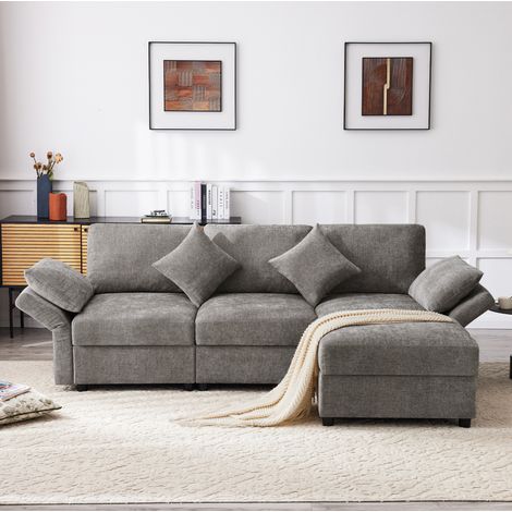 Divano angolare modulare 218 x 156,5 cm in ciniglia grigia con pouf mobile, 3-4 posti - CHICFURN (1/5)
