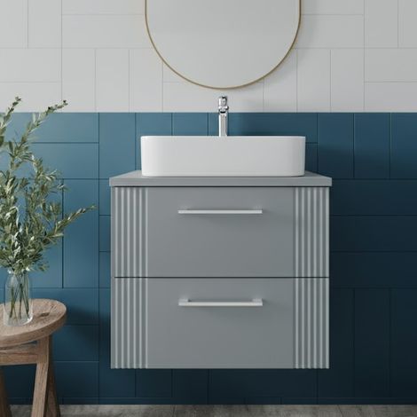 Nuie Deco Satin Grey 600mm Wall Hung 2 Drawer Vanity Unit with Worktop - DPF293W (1/5)
