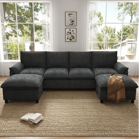 Modulares U-Sofa 264.5x142.5x84 cm Schwarz Chenille mit 2 beweglichen Hockern und Stauraum (1/5)