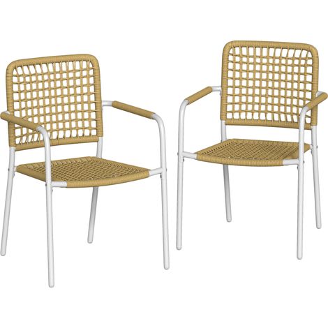 Set di 2 sedie da giardino impilabili in resina intrecciata con braccioli e schienale, 55x57x82 cm, gialle