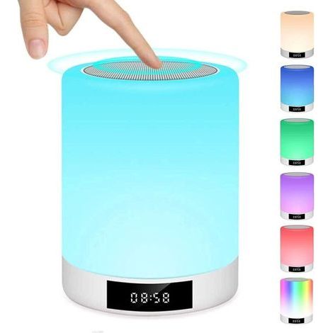 Lampe de Chevet Tactile Rechargeable Portable, Lampe de Table Enceinte Bluetooth Musique, FM Radio Réveil Lumière LED Multicolor Mains Libres, Idée Cadeau Fille, Ado, Mère, Anniversaire (1/4)