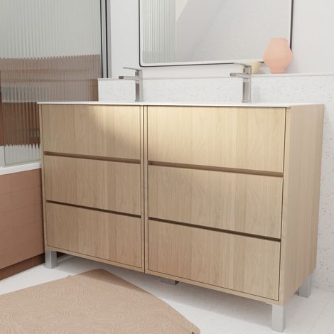 Set Mobile Bagno 120 cm Rovere Chiaro 6 Cassetti con Lavabo in Ceramica - XENOS (1/5)