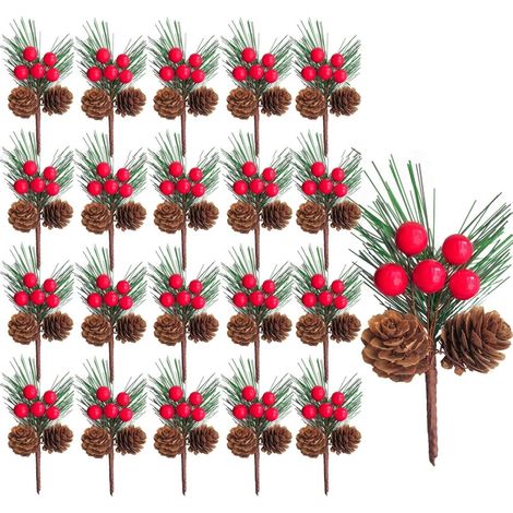 20 pezzi di rami di pino artificiali per Natale, rametti di agrifoglio da 12 cm, aghi di pino artificiali con bacche rosse e pigna per ghirlande natalizie, decorazioni per la casa e per feste.