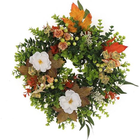 Couronne rustique colorée en eucalyptus de 40 cm, décor de porte avec scène de baies d'érable et de récolte, idéale pour les fêtes de fin d'année. (1/5)