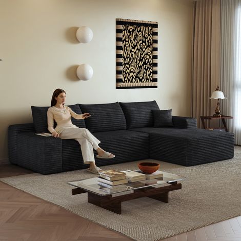 BATDTECH - Sofá convertible en tela de pana con chaise longue orientable, sofá esquinero de montaje inmediato con asiento profundo para salón, dormitorio y apartamento, color negro (1/5)
