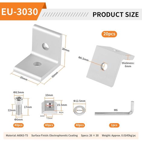 Set de 20 Équerres de Connexion, Connecteurs d'Angle pour Profilés Aluminium, Matériel de Fixation 30x30, 30x60 Rainure 8 Connecteurs d'Angle en Aluminium avec Vis et Clé Allen (Argent - 3030) (1/4)
