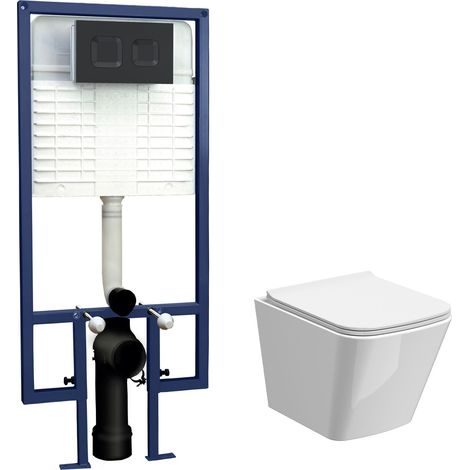 Hilderstone Contemporary Square Wall Hung Toilet Pan and Seat with Concealed Cistern and Flush Plate with Square Buttons - White/Black