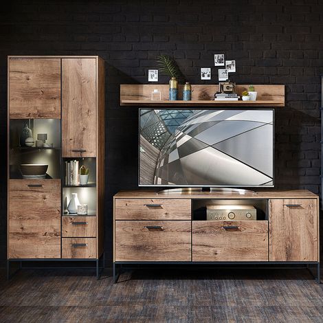 TV-Wohnwand im Industrial-Design MINNEAPOLIS-55 in Haveleiche Cognac Dekor mit graphit, B/H/T ca: 269/196/48 cm (1/5)