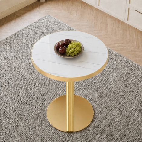 Table d'appoint ronde moderne avec cadre en acier inoxydable doré, plateau effet marbre, pour salon, luxueuse et stable (1/5)