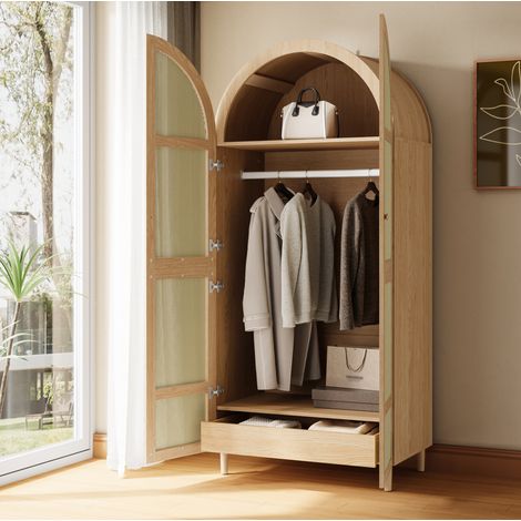 Armoire 80x50x179 cm naturel en MDF et panneaux de particules avec portes cintrées en rotin et tiroir (1/5)