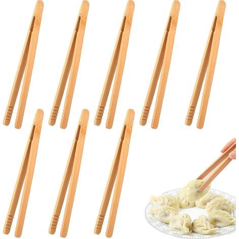 Pinze in legno (set da 8), pinze da barbecue in legno, piccole pinze da barbecue, pinze in legno, pinze in bambù, pinze per toast, 18 cm, ideali per cucinare, grigliare, cuocere al forno e per il pane
