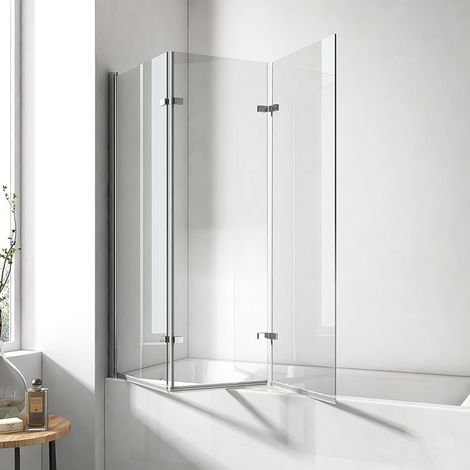 EMKE Pannello doccia per vasca da bagno, 130 x 140 cm, 3 pezzi, pieghevole, per vasca da bagno, divisorio doccia da 6 mm, in vetro di sicurezza (1/5)
