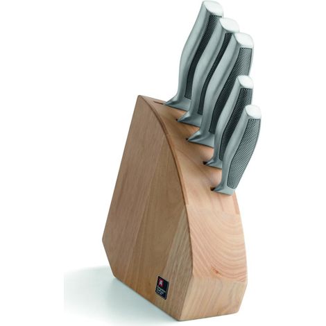 Bloc avec 5 couteaux de cuisine : office, utile, chef, découper et pain - Acier 13 C finition satinée manche tout inox texturés - Inox (1/3)