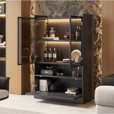 Vitrine 80/35/120 cm noir mat avec LED pilotable par application et portes en verre (1/5)
