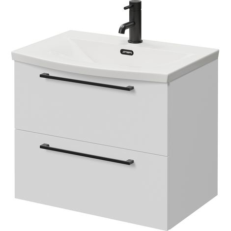 Napoli 390 Gloss White 600mm Wall Mounted 2 Drawer Vanity Unit with Arc Basin - 600mm - Matt Black 320mm Handle