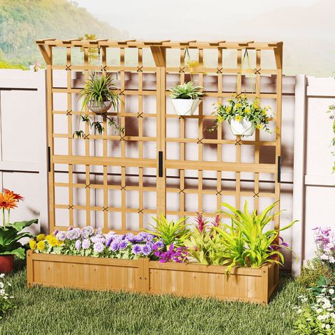 Bois de sapin robuste pour une croissance saine jardinière avec 2 treillis et toit suspendu terrasse potager 180x48x183cm (1/5)