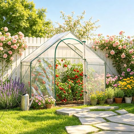 Gewächshaus Folie, Stahlrahmen, Reißverschlusstür und -fenster, 10 cm Überstand, für Pflanzen & Tomaten (1/5)