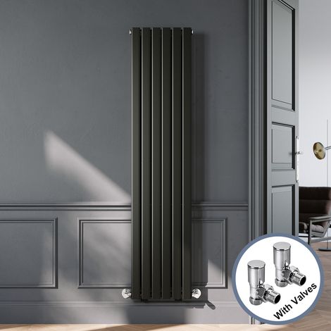 ELEGANT Designer Black Vertical Radiator 1800 x 408mm Single Panel Flat Panel Rads with Chrome Angled Radiator Valves (1/5)
