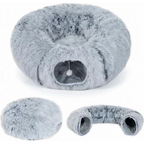 Túnel para gatos gris claro con cama donut y cojín redondo extraíble y lavable (1/5)