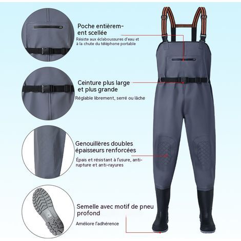 Pantalon d’eau de pêche à bretelles étanche renforcé, semelle antidérapante anti‑perforation, genoux épais anti‑usure, anti‑serpent, tailles 38‑46, plusieurs coloris (1/5)