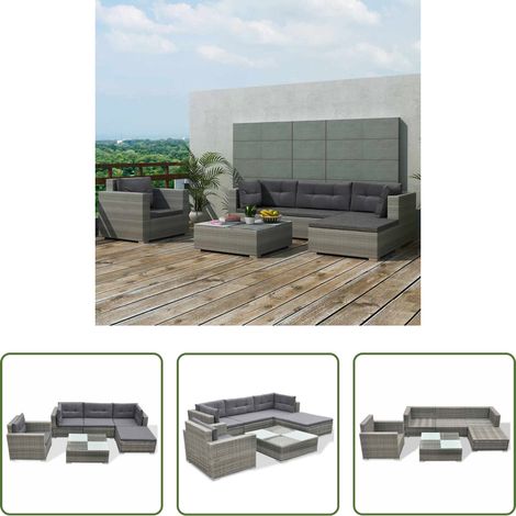 Canapé en résine tressée - Salon de jardin 6 pcs avec coussins résine tressée gris (1/5)