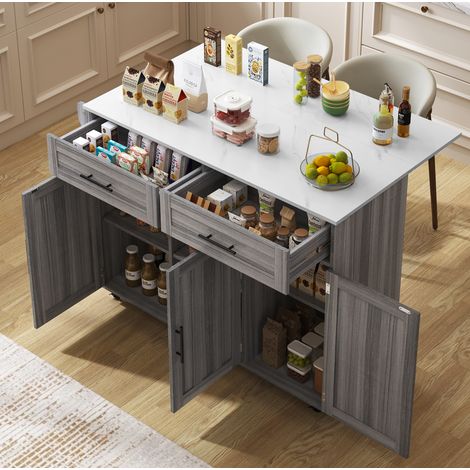 Isla de cocina 129x46x91.5 cm blanco y gris caqui en MDF con tablero abatible, ruedas y almacenaje (1/5)