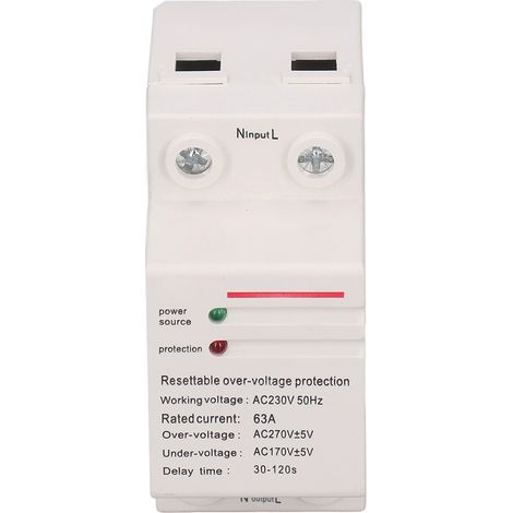 Über- und Unterspannungsschutz mit automatischer Rückstellung und Stromverzögerung, einphasig, DIN-Schienenmontage, 220–240 V, 63 A (1/5)