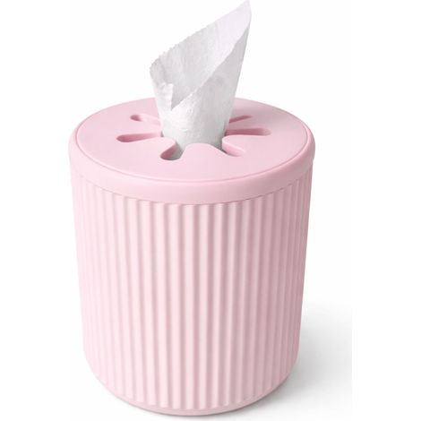 Scatola di fazzoletti rosa con rotolo di carta e organizer scanalato.
