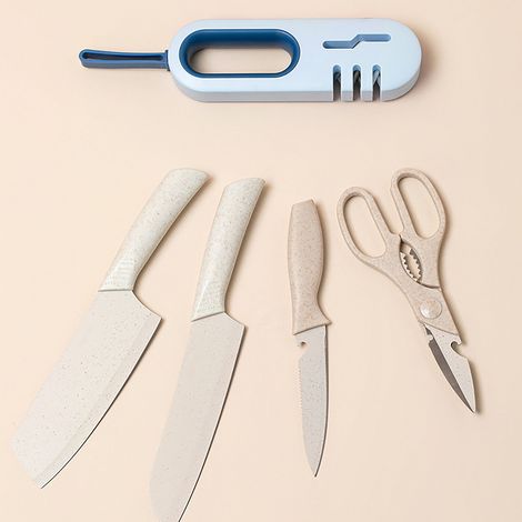 Outil d'affûtage rapide pour couteaux de cuisine, ciseaux et couteaux à fruits affûteur de couteaux pierre à aiguiser multifonctionnelle 4 en 1 (blanc orange). (1/5)
