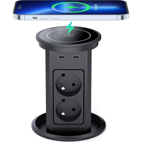 Bloc Prise Encastrable Automatique,Multiprise Escamotable avec 4 Prises, 2 USB C(PD 20W), 2 USB A(18W), Chargeur sans Fil 10W, Câble de 2M, Ø 100MM, pour Bureau, Cuisine (1/5)