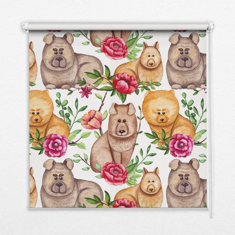 Innenrollo Fensterrollo - Rollo ohne Bohren - Sichtschutzrollo - Lichtdurchlässiges Rollo - Rechteckiges - Rollo - (90 cm x 140 cm) - Hunde zwischen den Blumen