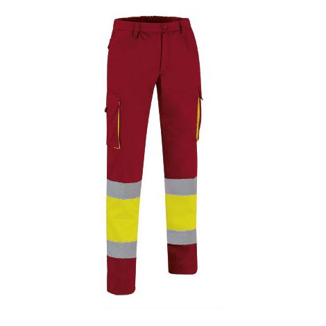 Pantalón de Alta Visibilidad multibolsillos bicolor con cintura elástica y cintas reflectantes EN 20471 de sarga VALENTO FACTORY XL Amarillo fluor / Rojo loto
