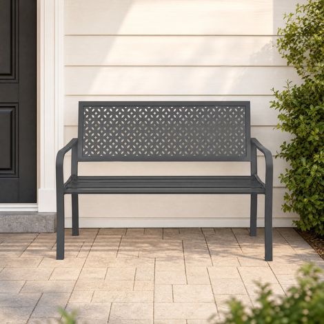 Panchina da giardino 127x61x85 cm, 2 posti con schienale geometrico e braccioli, acciaio grigio scuro (1/5)