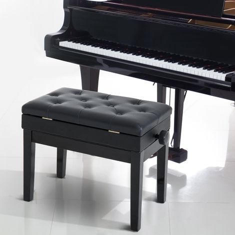 Klavierbank Höhenverstellbar Sitzbank mit Stauraum, Holzbeine, Klavierhocker aus Kunstleder, für Musikzimmer, belastbar bis 200 kg, 54,5 x 33 x 48-58 cm, Schwarz