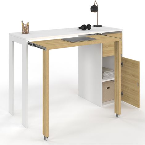 Idmarket – Bureau extensible RON – Colonne de rangement avec tiroir et placard – Dimensions L. 110 x l. 40 x H. 75 cm – Design blanc et bois