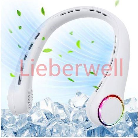 Ventilateur Cou USB 4000mAh, 3 Vitesses, Lumière LED, Portable Mains Libres, Intérieur/Extérieur/Sport, Blanc