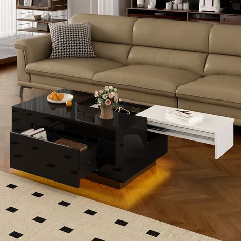DESMIU Table Basse Avec LED, 1 Tiroir Et Plateau Coulissant, Rangement Dissimule Pour Salon, MDF, Noir Et Blanc (1/5)