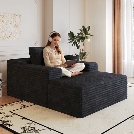 Chaise longue 115x159 cm de terciopelo acanalado negro, sin montaje para salón – MEUBLIV (1/5)