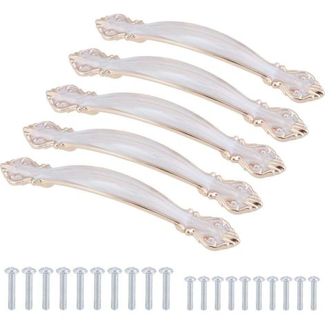 Set di 5 maniglie per mobili intagliate in stile antico ad arco - Maniglie per ante di mobili (interasse fori 128 mm) - Ambra e bianco (1/5)