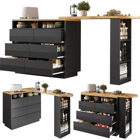 Buffet Cuisine,Îlot de Cuisine Extensible 137-215×39×102.3cm, Avec 6 Tiroirs ,Roulettes Verrouillables,Table de Bar,Noir (1/5)