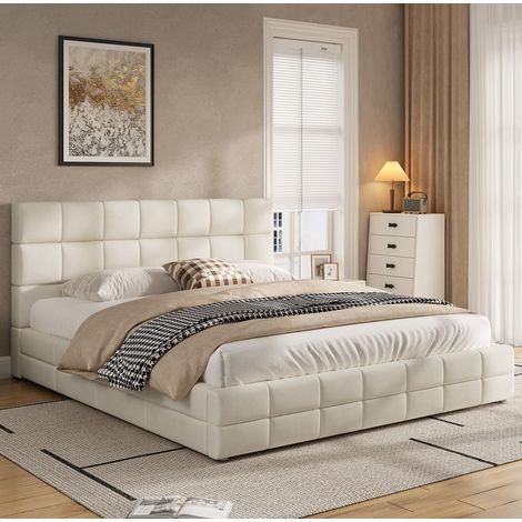 Cama matrimonio tapizada 180x200 cm beige OKMYHOME (1/5)
