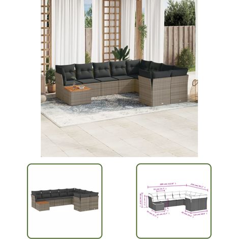 The Living Store 10-tlg. Garten-Sofagarnitur mit Kissen Grau Poly Rattan - Gartensortiment - Outdoor Möbel - Gartenlounge - Rattan Gartenmöbel - Ecksofas (1/3)