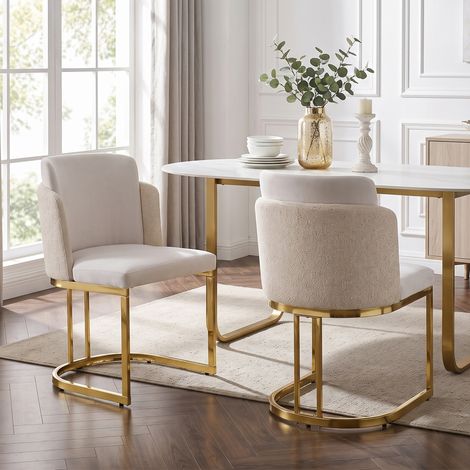 4 chaises de salle à manger confortables et respirantes, style moderne, pieds dorés chromés, tissu chenille beige et or, idéales pour restaurant, salon, café. (1/5)