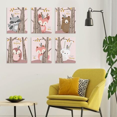 Lot de 6 tableaux sur toile (30 x 21 cm) à motifs d'animaux mignons de dessin animé, décoration murale pour la maison (1/5)